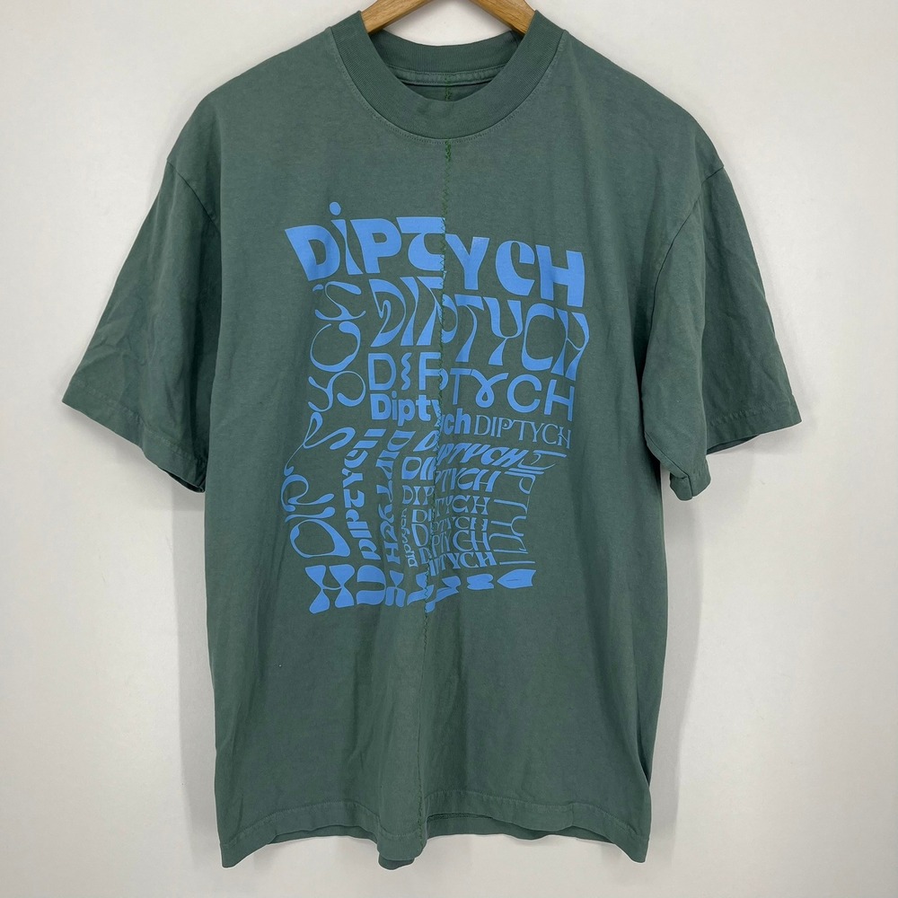 Diptych Mens Graphic T-Shirt Green Short Sleeve Deconstructed Seam Size M